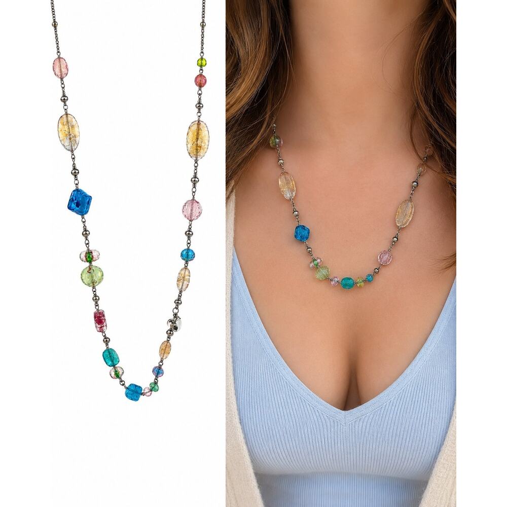 NWT Colorful Artisan Glass Bead Necklace Multicolor Boho Statement Jewelry